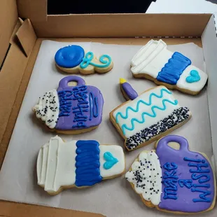 Custom cookies (purple and blue, coffee/birthday theme, 2020)
