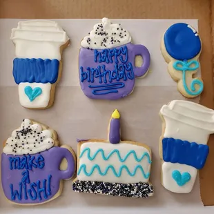 Custom Cookies (purple and blue, birthday/coffee theme, 2020)