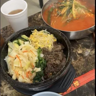 Bibimbap and spicy beef soup