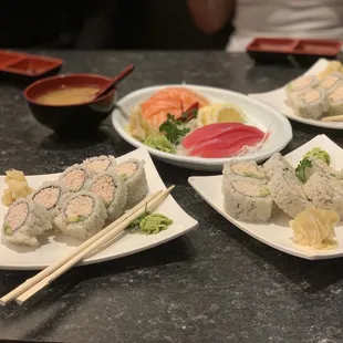 California Rolls with Tuna and Salmon Sashimi with a side of Miso Soup