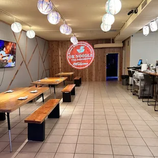 a long table in a restaurant