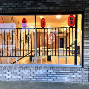 the entrance to a restaurant