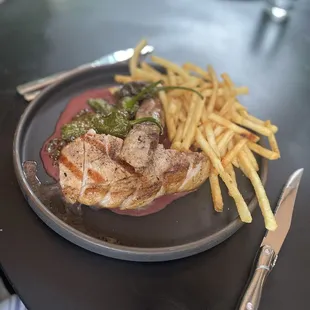 Grilled Pork Rib Chop with capers and fries!