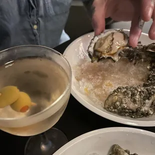 Oysters with Chorizo sauce &amp; extra dirty martini