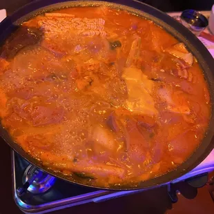 a large pan of food on a table