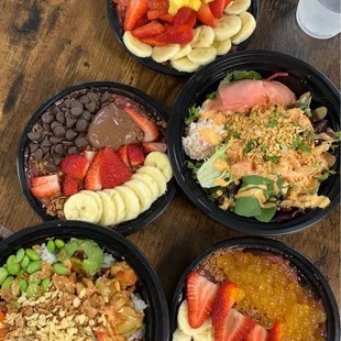 Top&amp; bottom right-finding Nemo smoothie bowl with mango boba Left- lover boy smoothie bowl