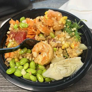 Shrimp, edamame, seaweed salad,  crab salad, artichoke.