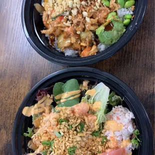  two bowls of food on a table