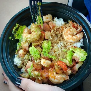 Poke Bowl: Medium with shrimp, octopus, crawfish tails, avocado, fish eggs, and eel sauce
