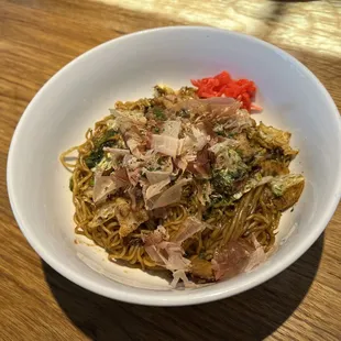 Yaki soba with pork belly.