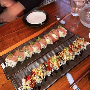 wagyu with snow crab roll, unagi with tuna roll