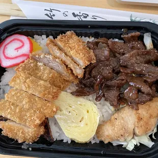 Mini mix bento with chicken katsu and beef teriyaki