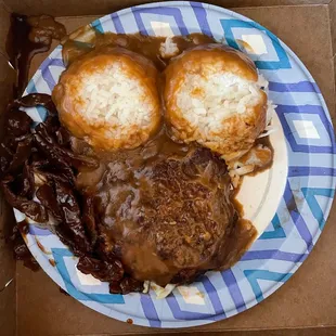 Mixed plate of hamburger and teri beef which is so little