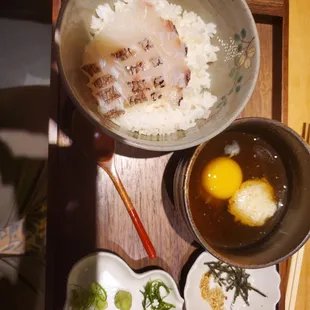 Cold soup with red snapper sashimi and rice