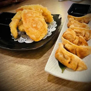Tempura and pot stickers.