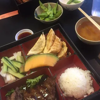 Salmon Tempura, Gyoza and Beef Teriyaki