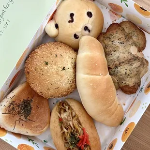 Oyaki Mentai Caviar, Spicy Curry Pan, Kobo Kuma, Yakisoba Coppe, Salt &amp; Butter Roll, and Earl Grey Amande.