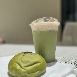 Strawberry matcha latte and Matcha Anpan