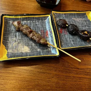 Lamb skewer and mushroom skewer