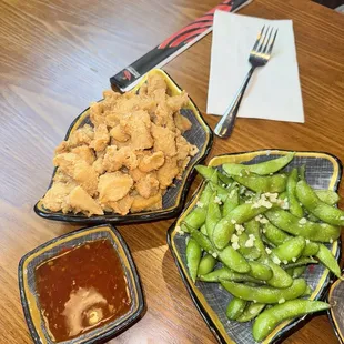 popcorn chicken and edamame