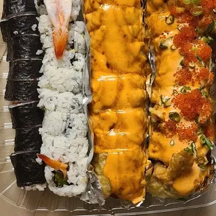 (Left to Right) Salmon Maki. New york Roll. Golden Cali Roll. Sharks Roll