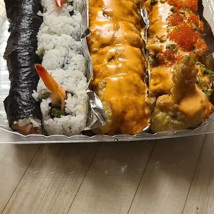 (Left to Right) Salmon Maki. New york Roll. Golden Cali Roll. Sharks Roll