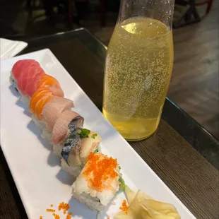 Rainbow roll and lychee sake