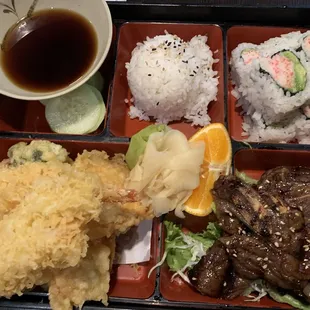 Three items bento dinner: tempura, galbi (short ribs), California roll