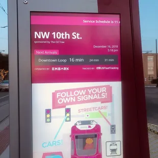 OKC Streetcar:  NW 10th Street Platform Stop Digital Info Board