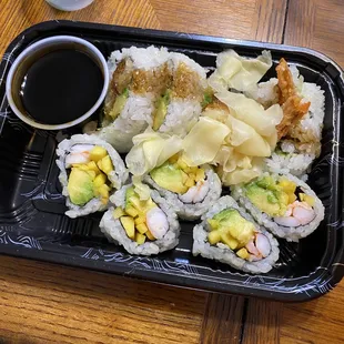 Shrimp tempura roll / Shrimp Avocado roll topped with ginger and a side of eel sauce