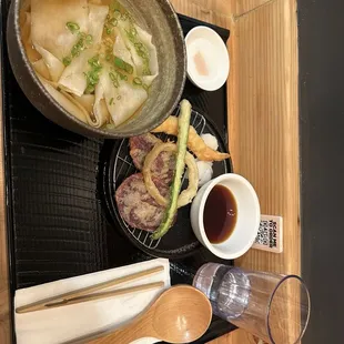 Himokawa Udon in Broth with Tempura Set