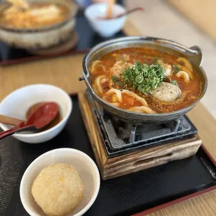 Spicy seafood udon with Cheesy Rice Ball