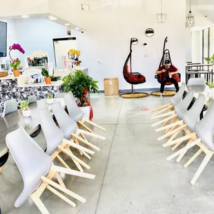 Lounge area w/ swing chairs