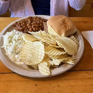 Pulled pork sandwich white coleslaw baked beans potato chips