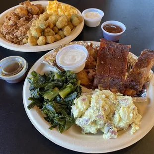 Mini Rack of Ribs Plate with Collards and Potato Salad &amp; Smoke House BBQ Pork Platter