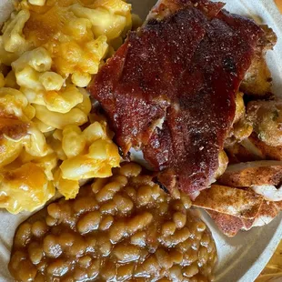 Chicken and ribs, mac and beans