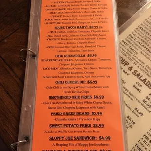 the menu of okie tonk