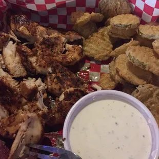 Blackened chicken with fried pickles. Good food and service.