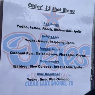 Okie&apos;s $5 shots menu