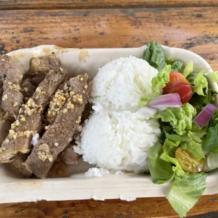 Garlic butter ribeye plate lunch