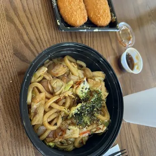 Potato croquettes and vegetable udon