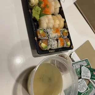 Scallop sushi, king salmon sushi, Alaska roll, miso soup