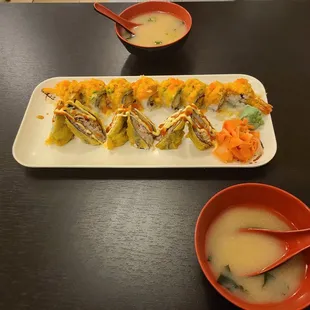 Misi Soup, Volcano Roll and Fusion Roll with crunch