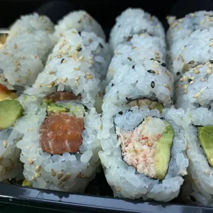Left: salmon/avocado roll  Right: crab/avocado roll