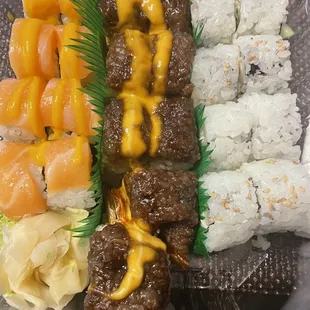 Left to right Golden Roll, Black Angel Roll, 8 Piece California Roll