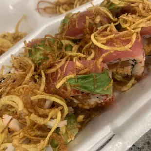Red hot roll with crispy potatoes added on top!