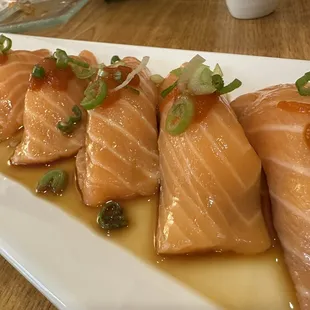 Off menu item - Salmon Nirigi with ponzu sauce, green onions, and sriracha