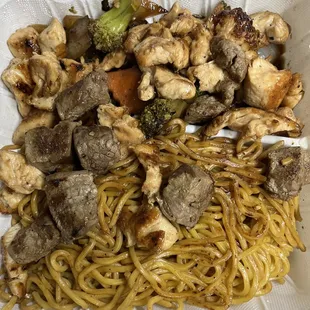 Hibachi chicken and steak with noodle upgrade.