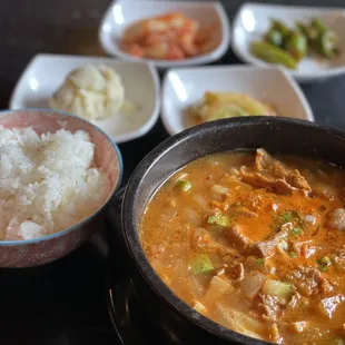 Chadol Doenjang Jjigae - Soybean paste stewed with brisket, tofu, onion, zucchini, jalapeno, scallion