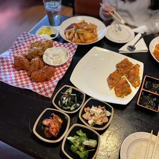 Korean fried chicken, kimchi pancake, spicy rice cakes